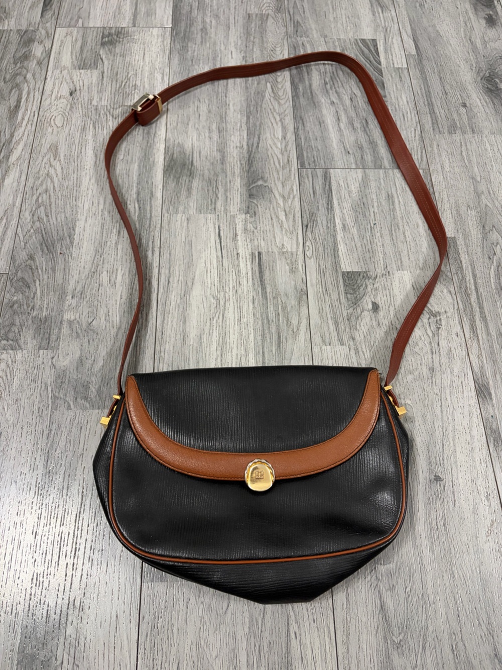 Givenchy Vintage Black and Brown Leather Shoulder Bag with Gold Accent